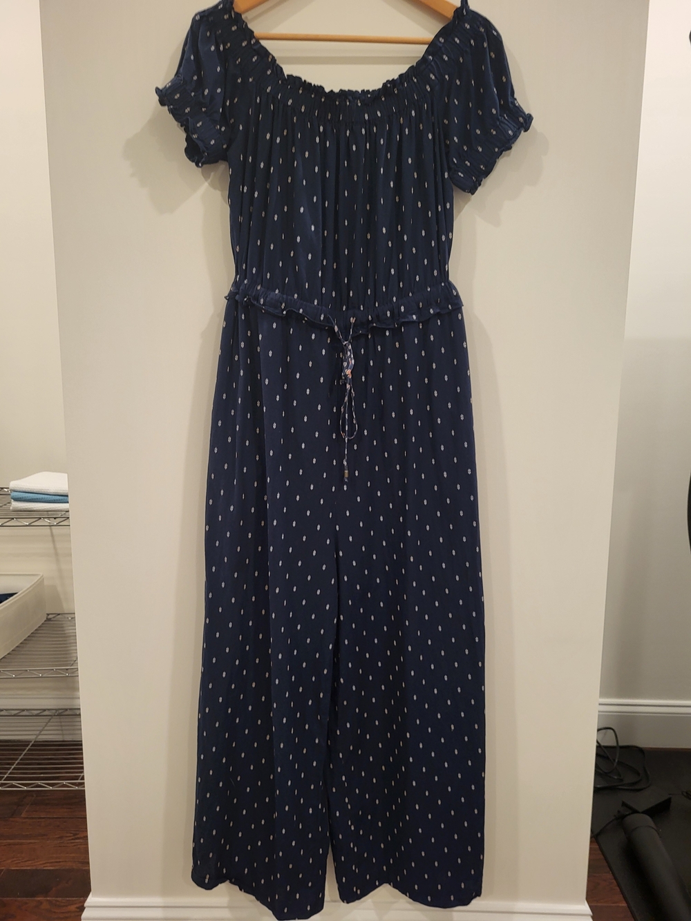 Anthropologie Jumpsuit M Findley Off-The-Shoulder Navy Floral Nautical Boho